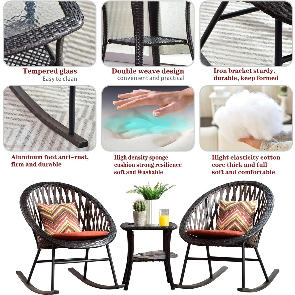 OVIOS 3-piece Patio Rocking Chair Bistro Set with Glass Coffee Table
