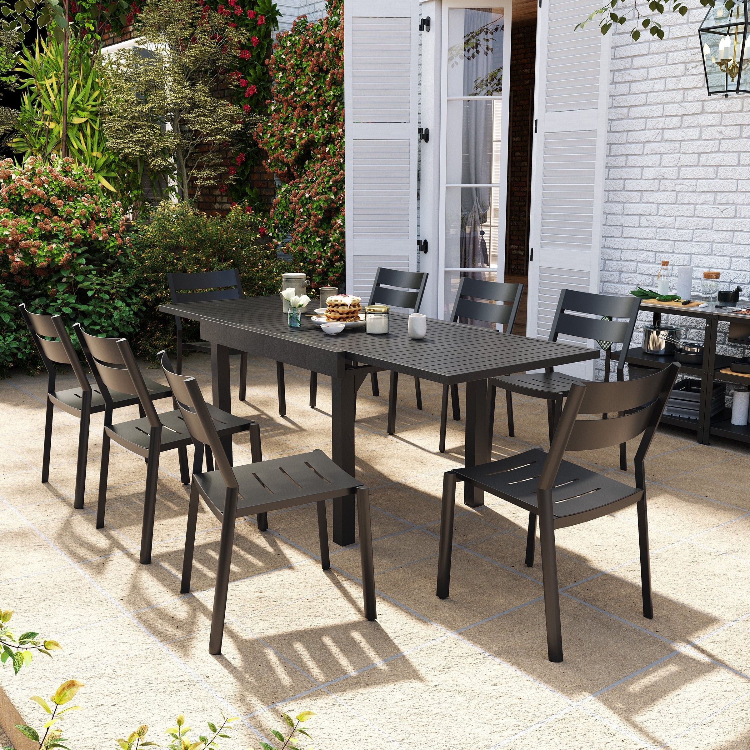 Pellebant 5/7/9-piece Aluminum Outdoor Dining Set Expandable Table and Stackable Chairs