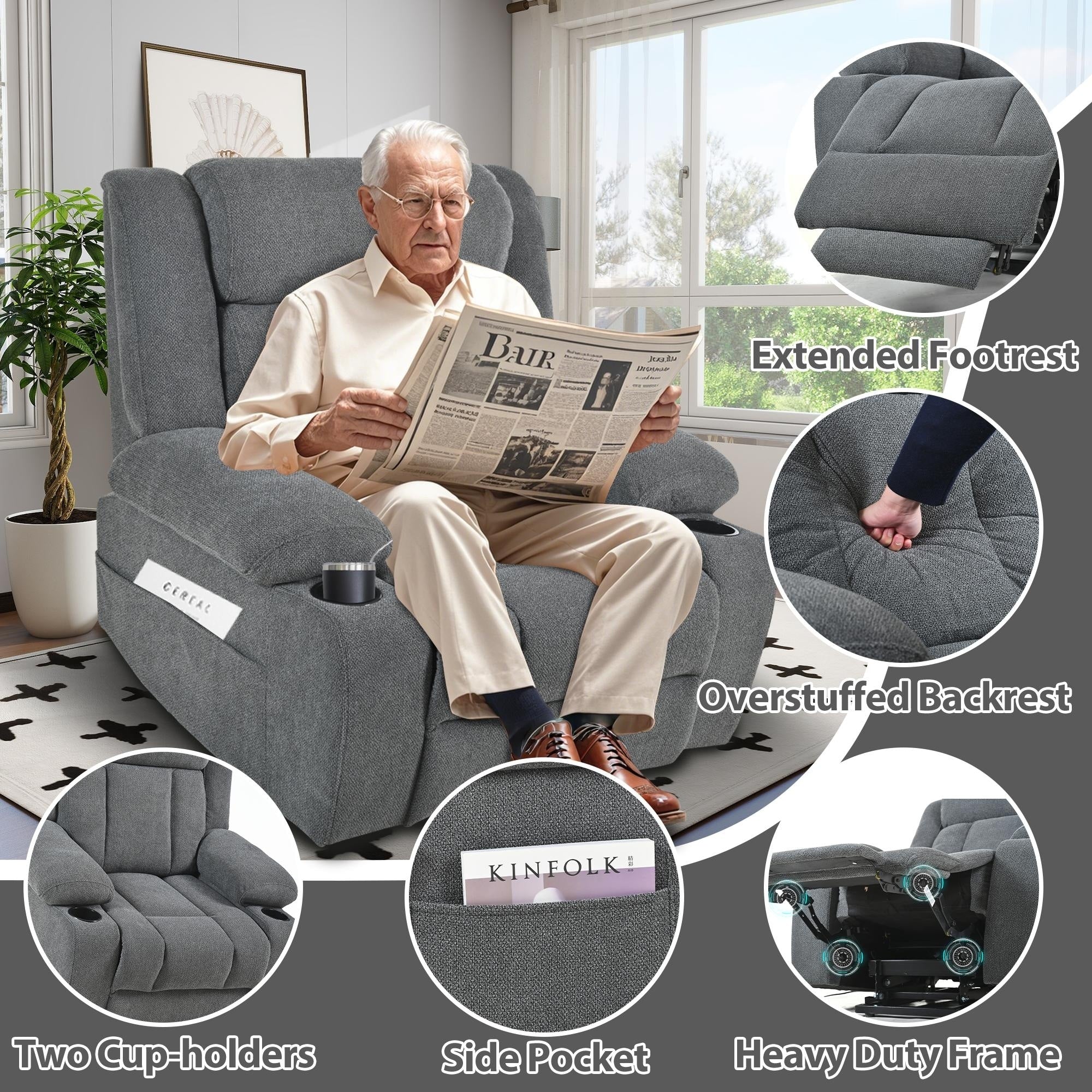 Power Lift Recliner Chair for Elderly, Fabric Lift Chairs w/ Extended Footrest, with 2 Cup Holders,Side Pockets, Remote Control