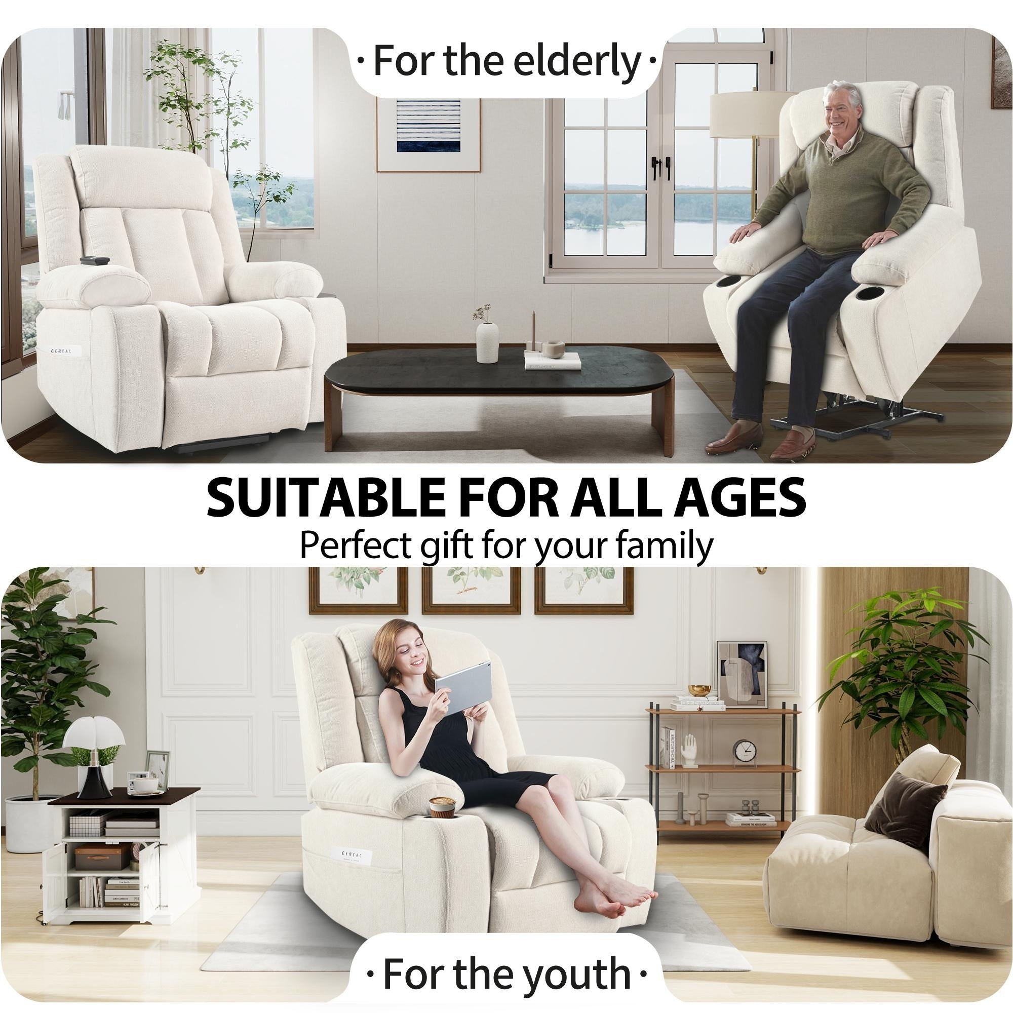 Power Lift Recliner Chair for Elderly, Fabric Lift Chairs w/ Extended Footrest, with 2 Cup Holders,Side Pockets, Remote Control