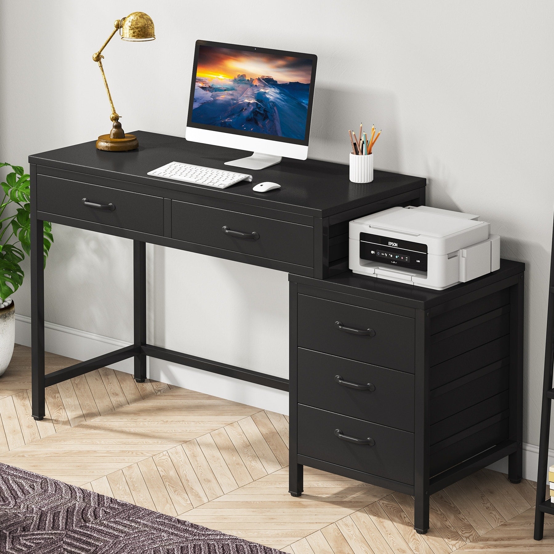 Reversible Computer Desk with 5 Drawers, Home Office Desk with File Cabinet Drawer Printer Stand