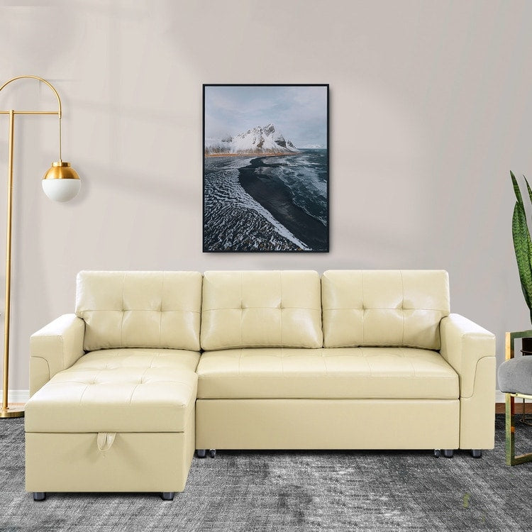 Canapé d'angle convertible et réversible avec lit gigogne, méridienne de rangement dissimulée et pieds robustes.