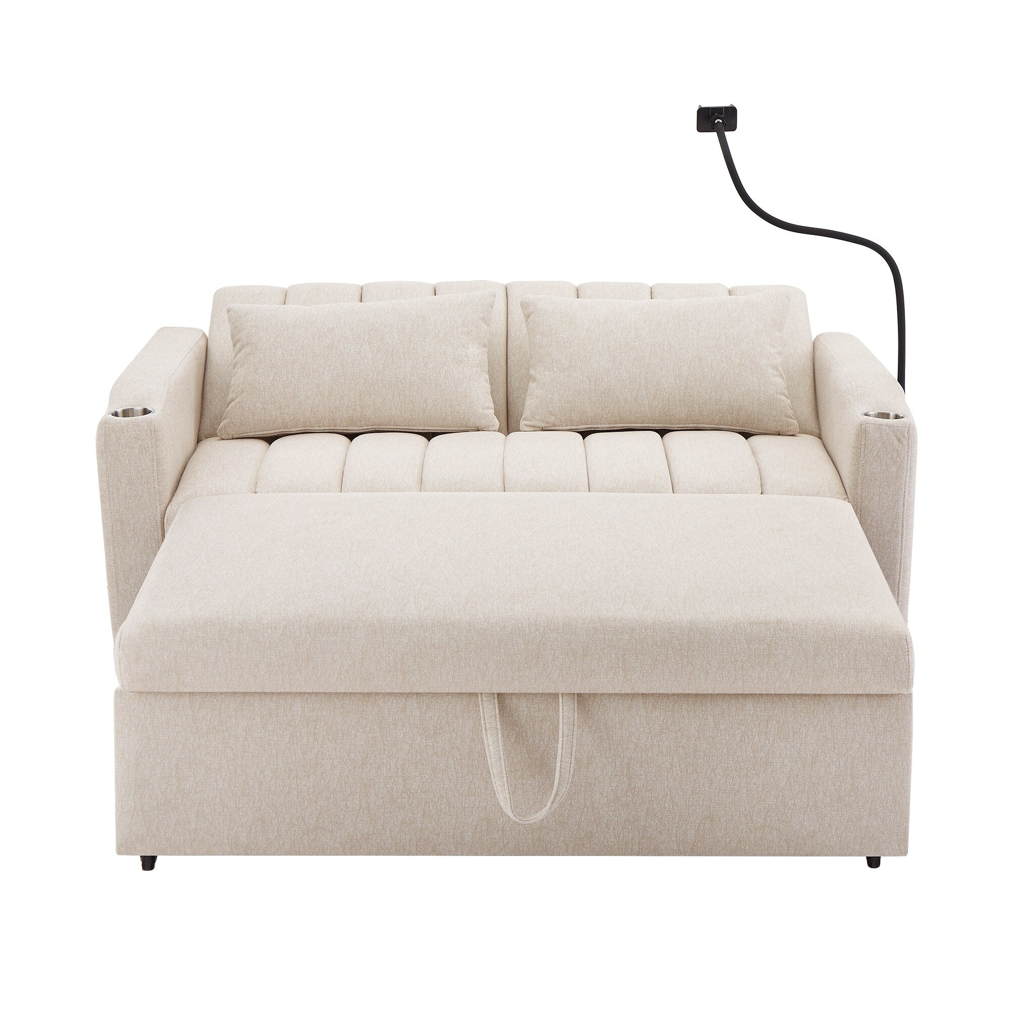 Roomfitters Convertible Loveseat Sofa Bed with USB Ports, Side Pockets, Cup Holders, and Swivel Phone Holder for Living Room