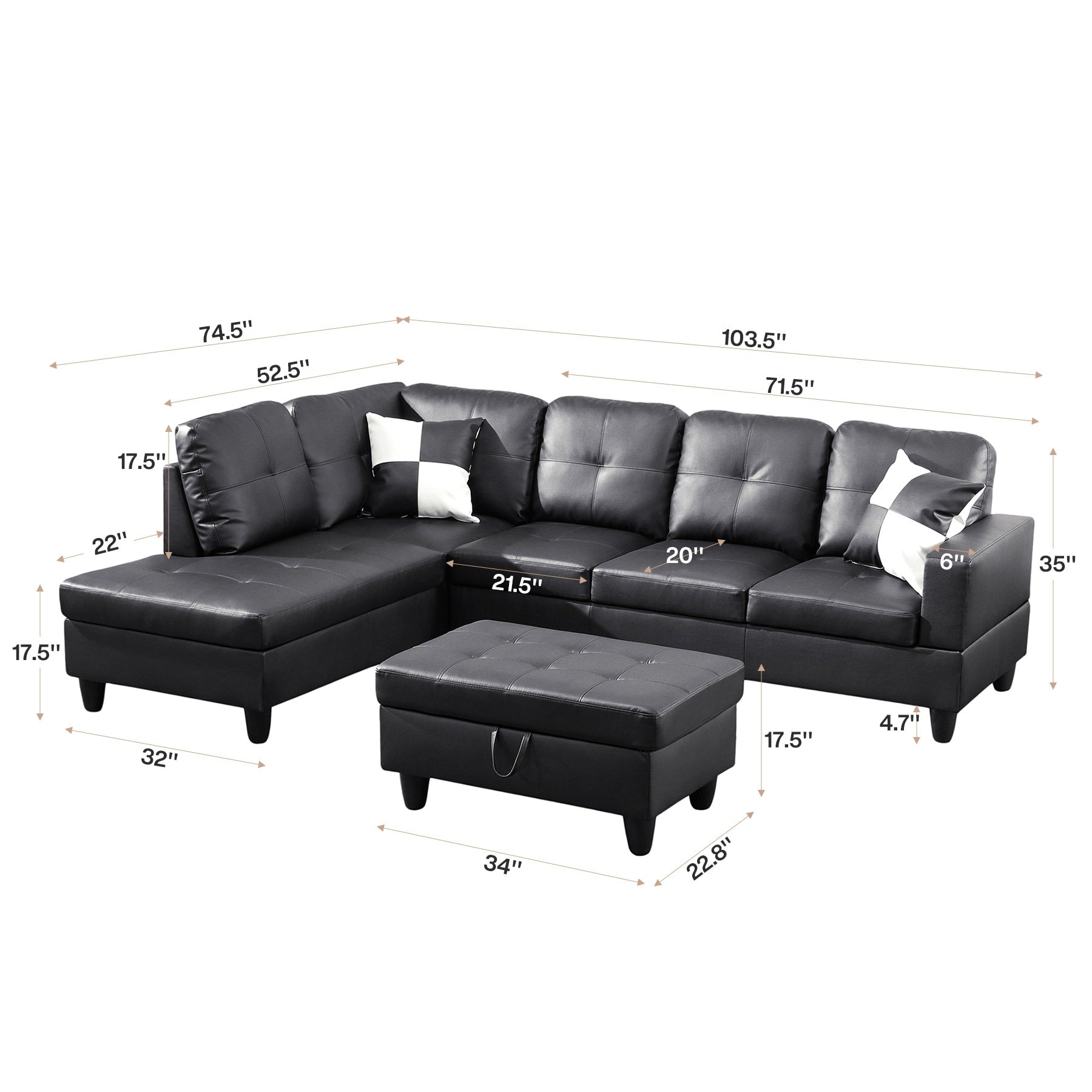 Semi PU Synthetic Leather 3-Piece Couch Living Room Sofa Set