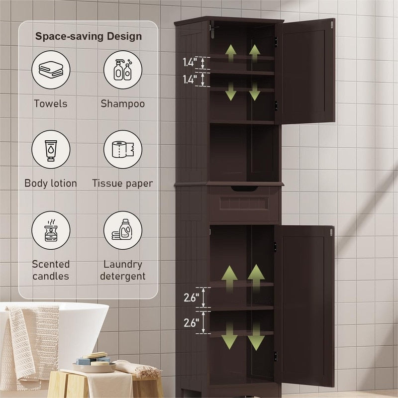 Armoire à linge étroite de salle de bain de 170 cm de haut, 5 niveaux, en bois massif, meuble de rangement autoportant