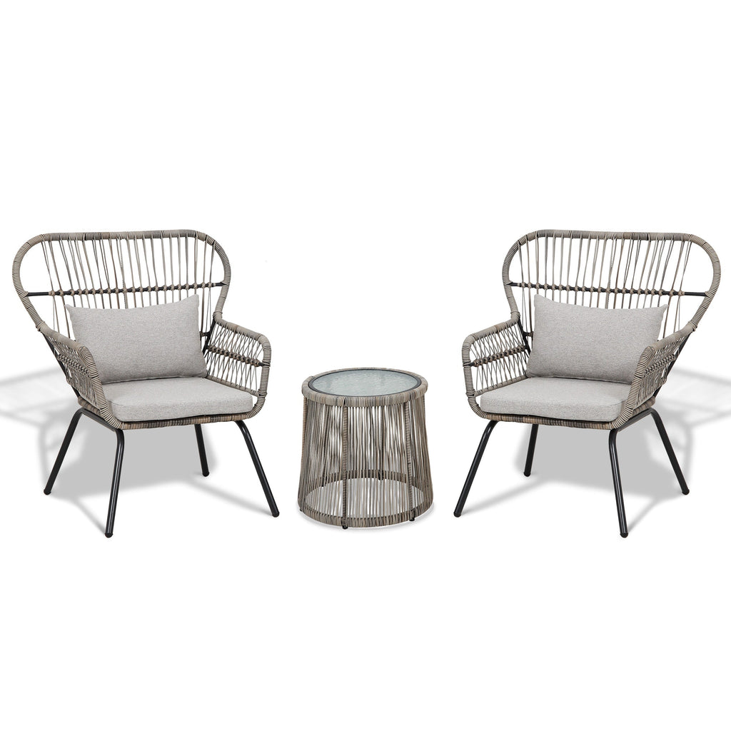 3 Piece Outdoor Wicker Conversation Bistro Set, All-Weather Rattan Furniture Patio Chairs Set with Cushions