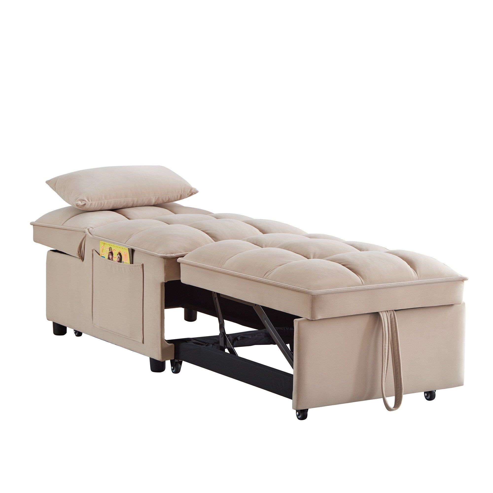 Taupe 68.5 Velvet Single Folding Sofa Bed with Adjustable Backrest and Pillows for Living Room