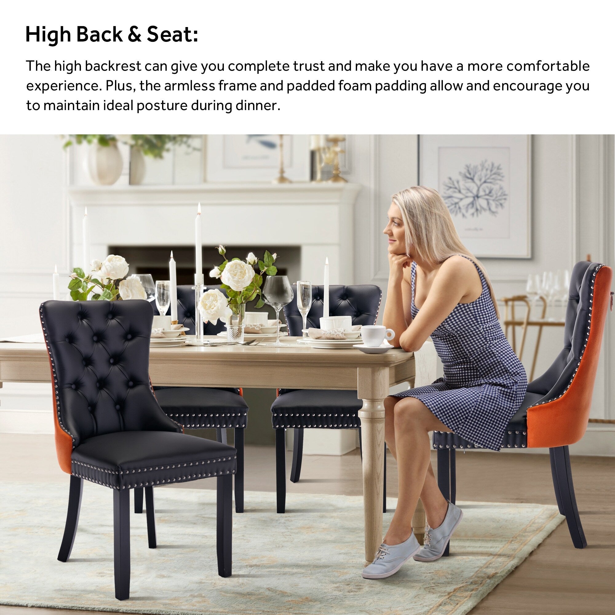 Upholstered Tufted Velvet Dining Chair with Solid Wood Legs Set of 6