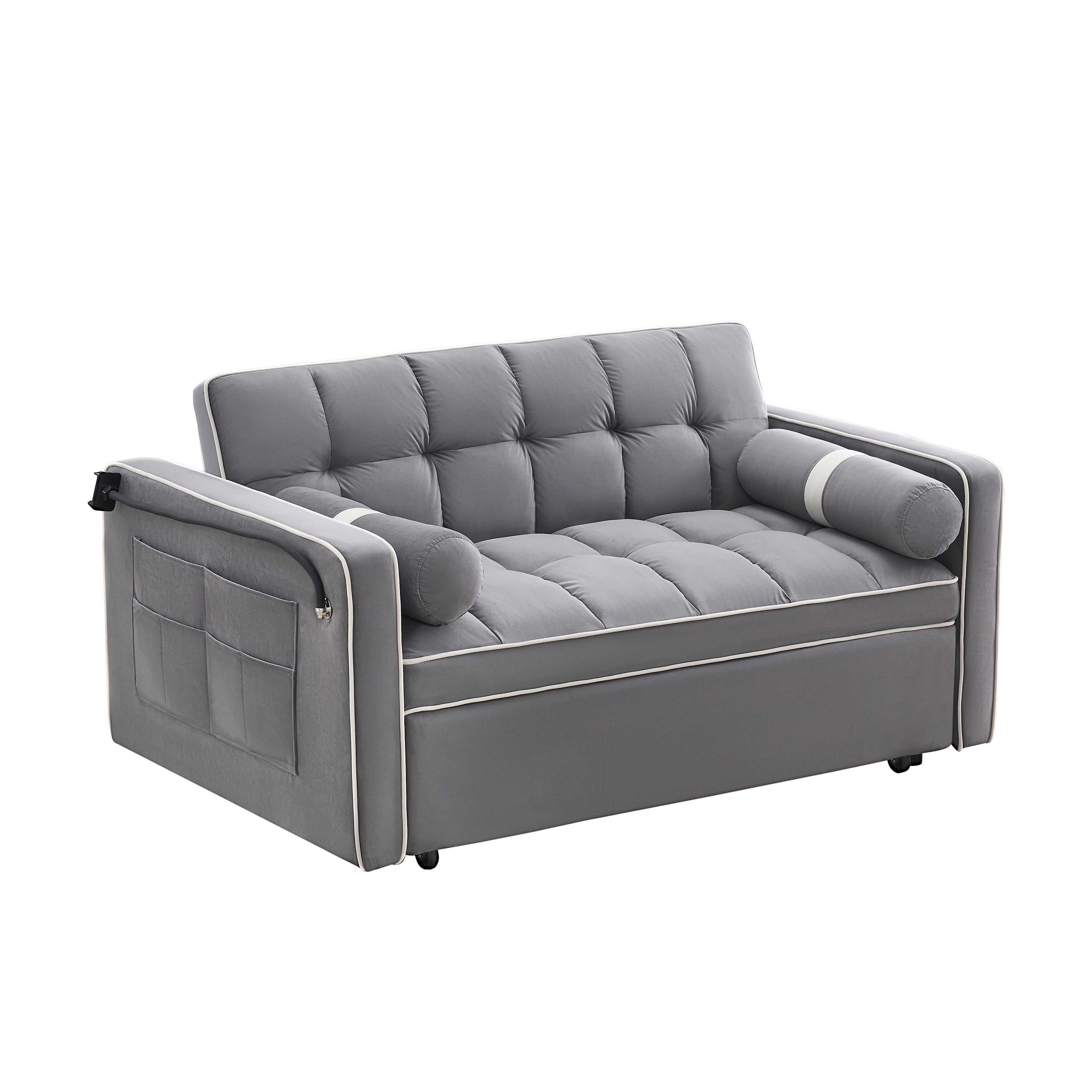 Velvet Convertible 55'' 2-Seater Sleeper Sofa with Pull-Out Bed, Adjustable Recline, Side Pockets, and Phone Holder