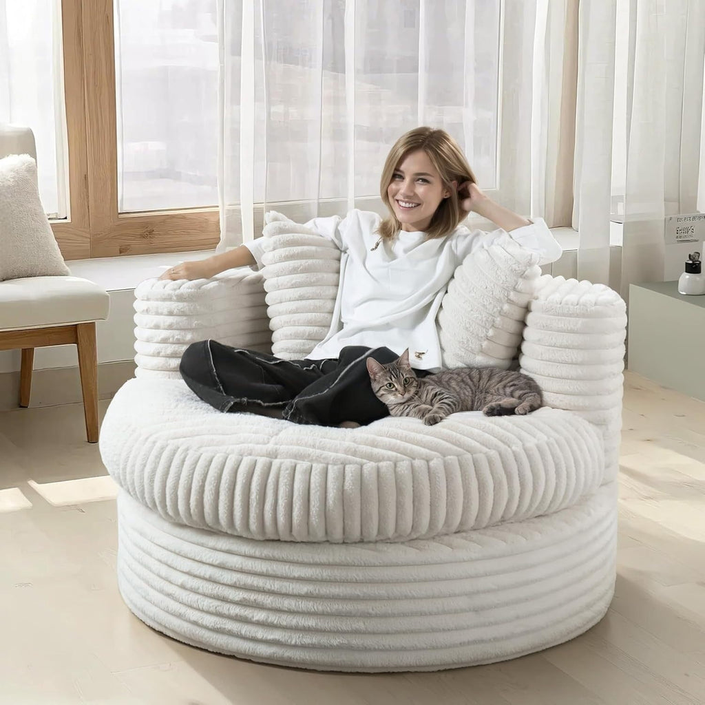 WOWMAX 47 Round Chaise Lounge Chair Indoor, Upholstered Corduroy Floor Sofa Oversized Sleeper Chair with 2 Throw Pillows