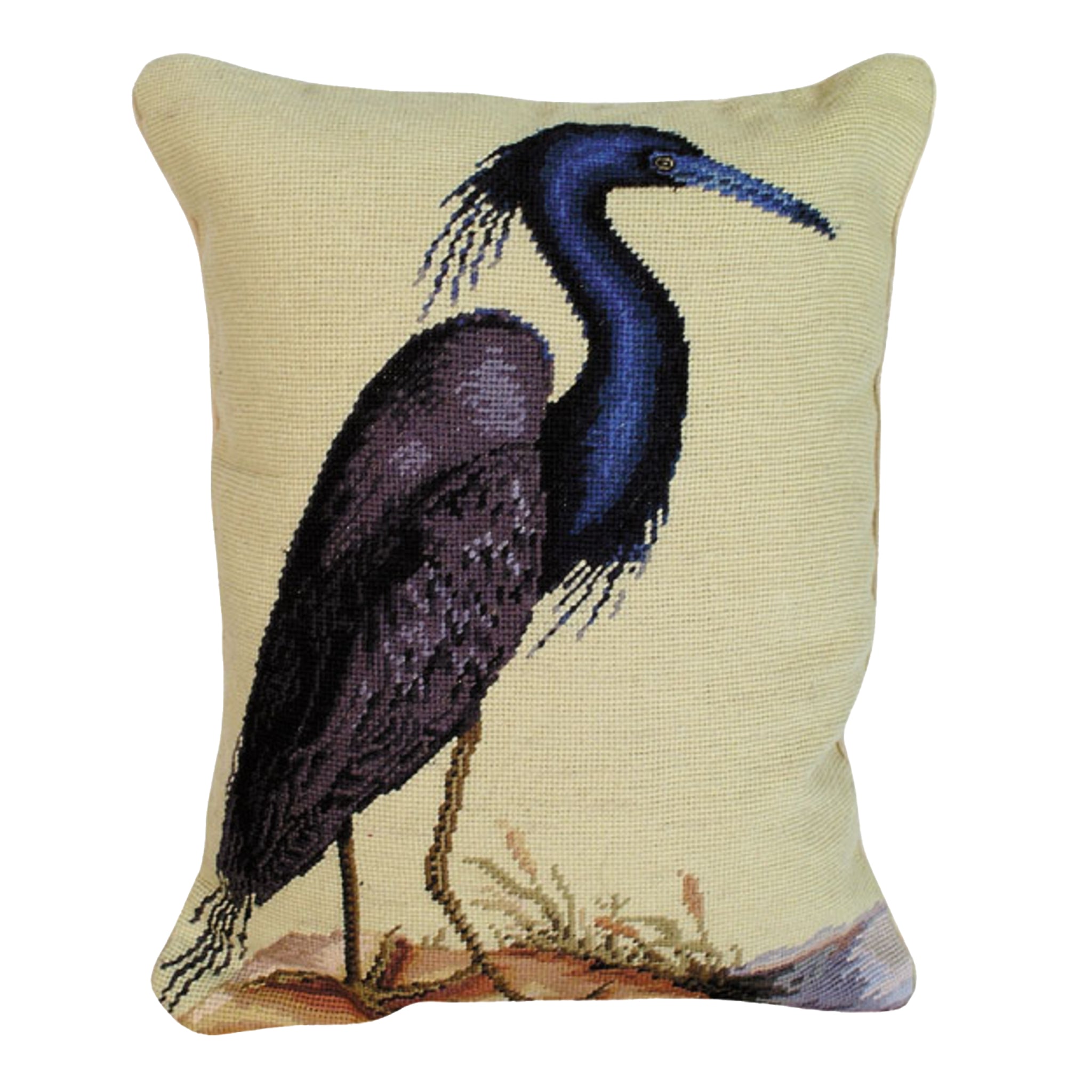 Coussin brodé à l'aiguille Héron bleu 20x16