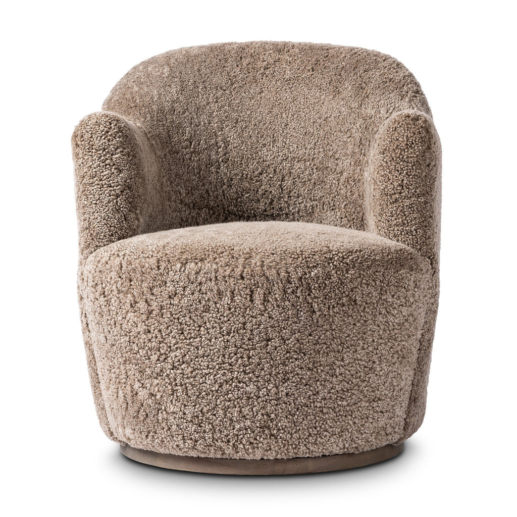 Fauteuil pivotant Aurora en peau de mouton retournée taupe