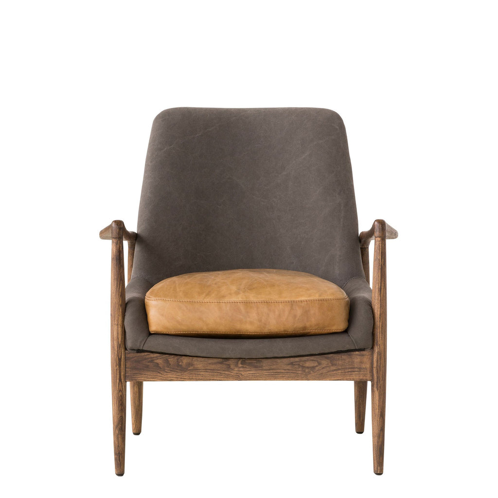 Fauteuil Royce Lounge en gris cendré avec coussin d'assise en cuir beige