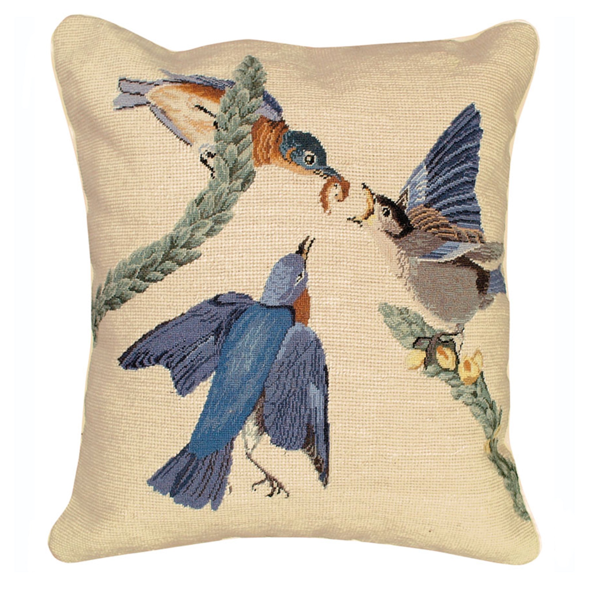 Coussin brodé à l'aiguille Oiseau bleu 18x18